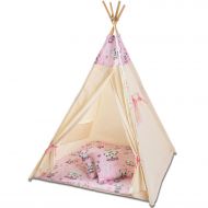 Cort copii stil indian Teepee Tent Kidizi Panda Friends, include covoras gros si 2 perne, stabilizator cadou
