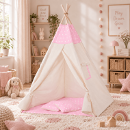 Cort copii stil indian Teepee Pink Stars XXL, include salteluta si doua pernute