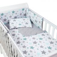 Set lenjerie matlasata 4 piese Kidizi All Mint Stars, include perna, plapumioara, aparatoare si cearceaf