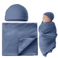 Set paturica si caciulita din bumbac pentru nou-nascut Kidizi, Petrol Blue